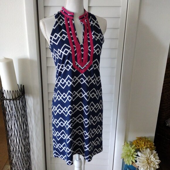 Tracy Negoshian Sleeveless Navy & Pink abstract V Neck Shift Dress, Size X-Small - Picture 4 of 10